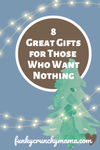 Pinterest image for article titled "8 Great Gifts for Those Who Want Nothing." Features a water color pine tree on  blue background with lights swirling around. Site URL funkycrunchymama.com is written along the bottom.