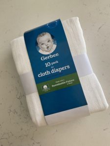 Photo of a package of Gerber flat cloth diapers on a white background.