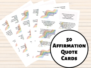 Etsy listing image for 50 affirmation quote cards. Image shows 5 sheets of paper with quotes on them. Quotes are displayed over images of rainbows, etc.